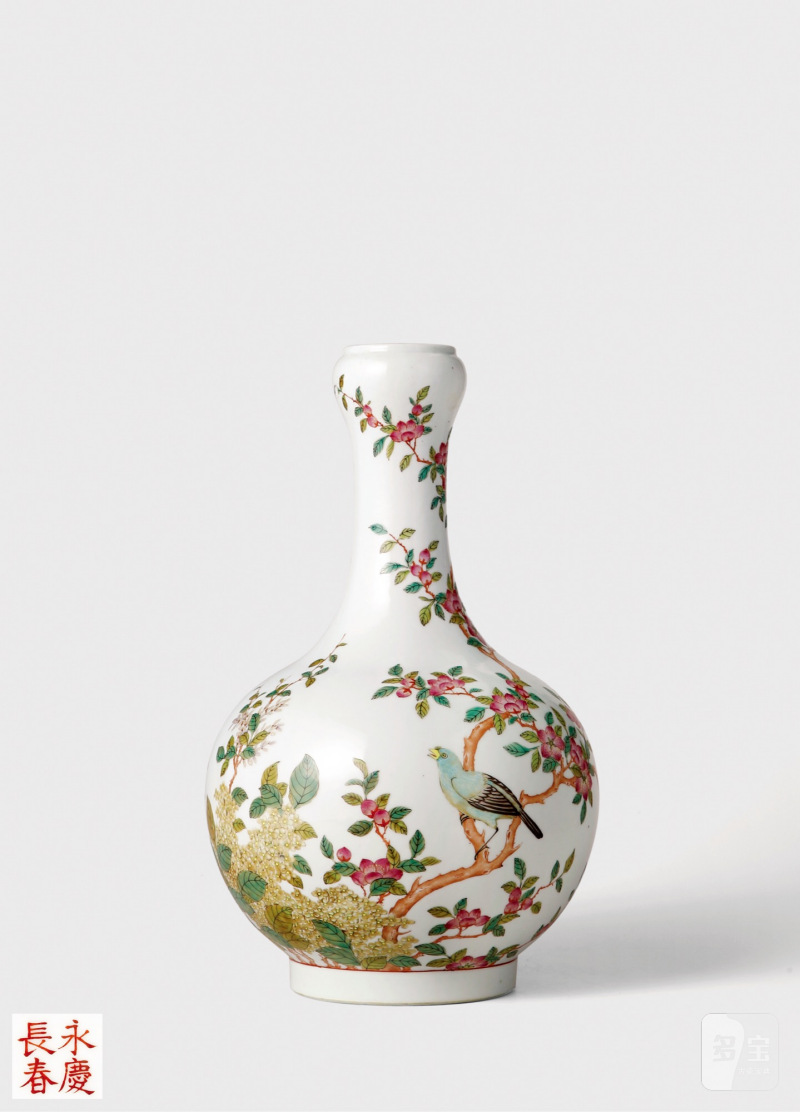 清光绪·粉彩花鸟纹蒜头瓶